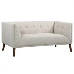Hudson Mid-Century Button-Tufted Loveseat in Beige Linen and Walnut Legs by Armen Living