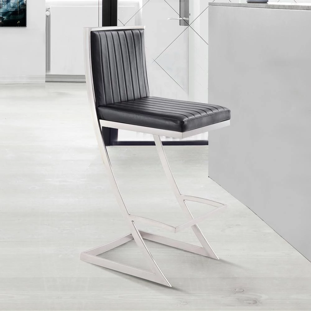 Pinellas Modern Black Faux Leather and Brushed Stainless Steel Bar and Counter Stool by Armen Living 10 Pinellas Modern Black Faux Leather and Brushed Stainless Steel Bar and Counter Stool by Armen Living - Image 8