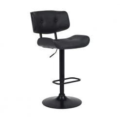 Brooklyn Adjustable 25-34 in. Height Low Back Swivel Black Faux Leather/Black Wood Bar Stool Black Base 46 in Height by Armen Living