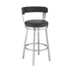 Bryant 26 in. Height Black Faux Leather and Brushed Stainless Steel Swivel Frame Low Back Bar Stool by Armen Living