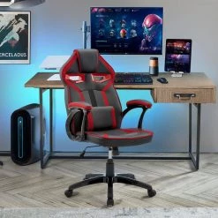 Aspect Black and Red Upholstery Black Finish Faux Leather Gaming Chair with Arms and Lumbar Support by Armen Living -Armen Living Online Shop black armen living gaming chairs lcasgcrdblk 31 1000