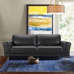 Armen Living Genuine Black Leather Contemporary Sofa with Brushed Stainless Steel Legs -Armen Living Online Shop black armen living sofas couches lcev3bl 31 1000
