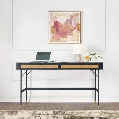 Saratoga 57 in. Rectangle Black Acacia 2-Drawer Writing Desk with Rattan by Armen Living -Armen Living Online Shop black armen living writing desks lcsrdebl 31 1000