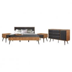 Coco Rustic 4 piece Black Upholstered Platform Bedroom Set in King with Dresser and 2 Nightstands by Armen Living