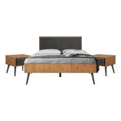 Coco Rustic 3 Piece Black Upholstered Platform Bedroom set in Queen with 2 Nightstands by Armen Living