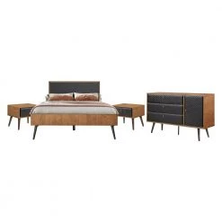 Coco Rustic 4 piece Black Upholstered Platform Bedroom Set in Queen with Dresser and 2 Nightstands by Armen Living