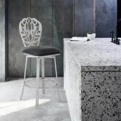 Cherie Contemporary 26 in. Counter Height Bar Stool in Brushed Stainless Steel and Black Faux Leather by Armen Living -Armen Living Online Shop black brushed stainless steel armen living bar stools lcchbabsbl26 31 1000