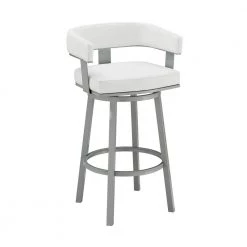 Lorin 38 in. White Metal Bar Stool with Faux Leather Seat by Armen Living