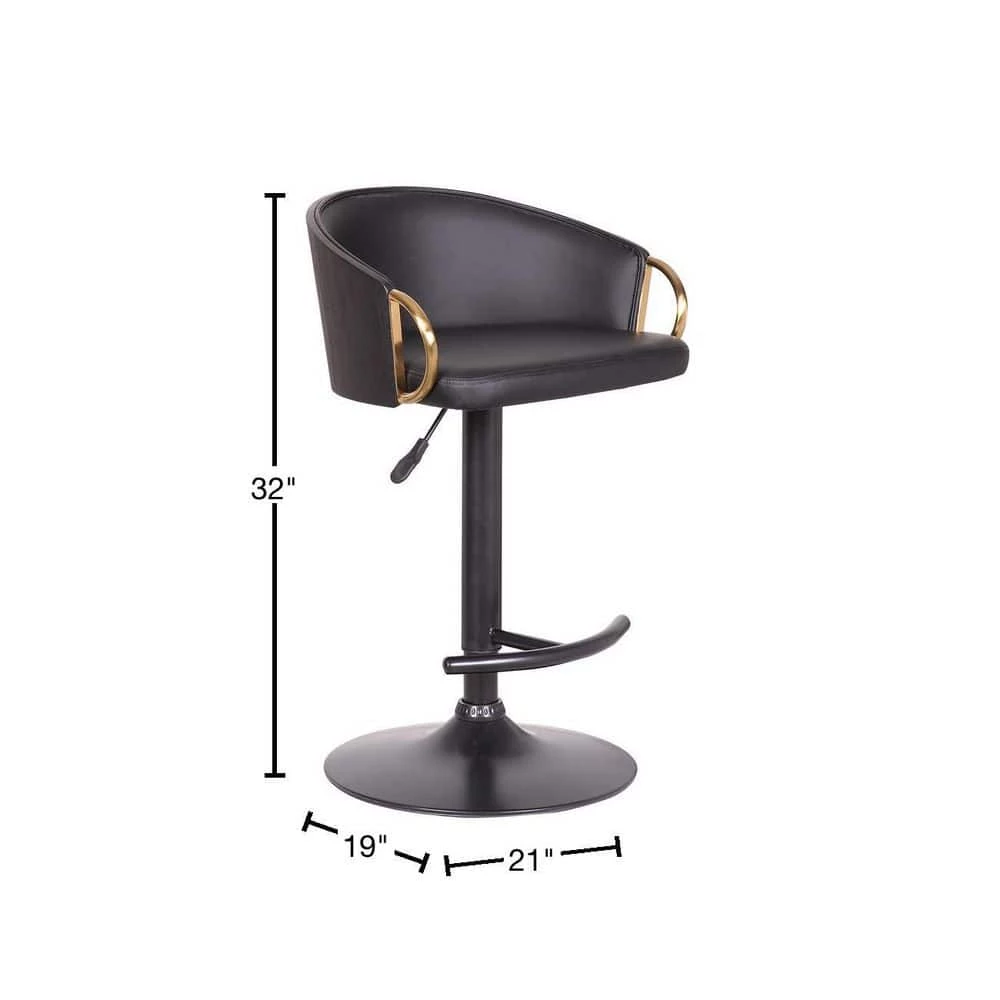 Solstice Adjustable Black Faux Leather Swivel Barrstool With Black Powder Coated Finish and Gold Accents by Armen Living 5 Solstice Adjustable Black Faux Leather Swivel Barrstool With Black Powder Coated Finish and Gold Accents by Armen Living - Image 3