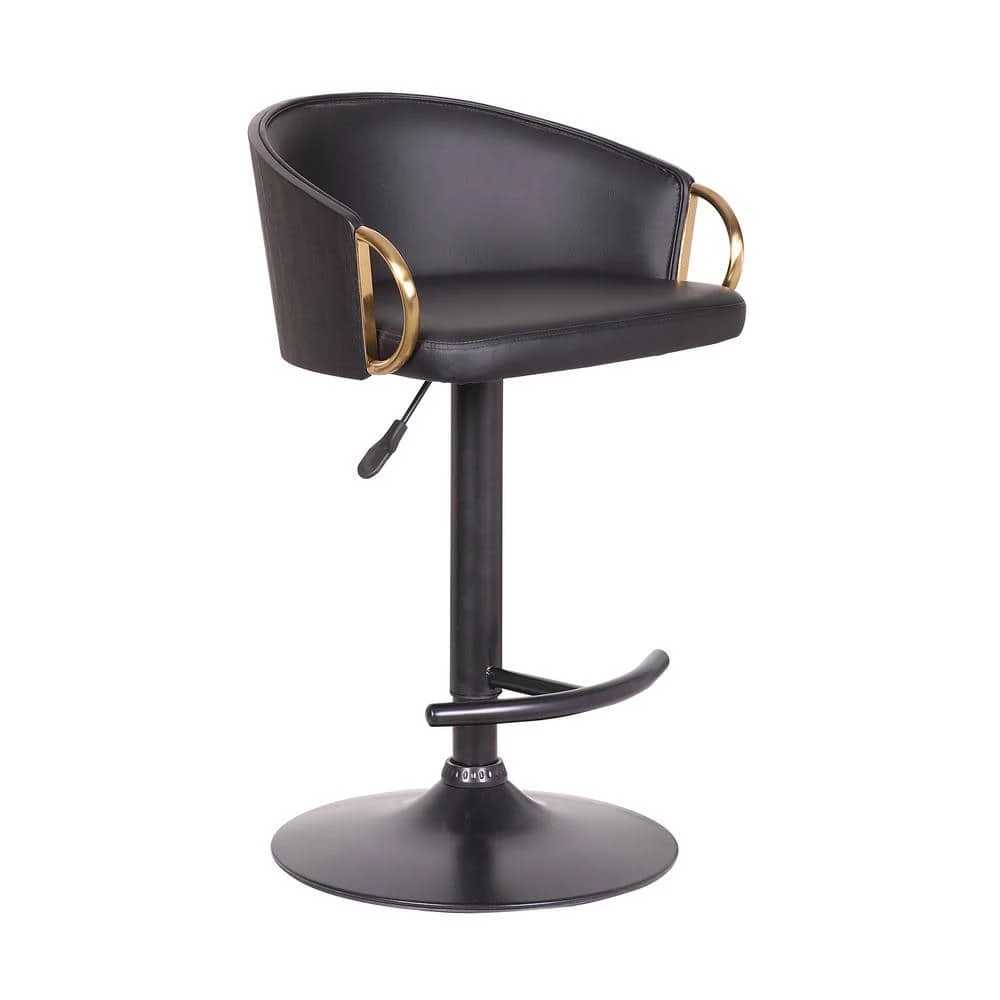 Solstice Adjustable Black Faux Leather Swivel Barrstool With Black Powder Coated Finish and Gold Accents by Armen Living 3 Solstice Adjustable Black Faux Leather Swivel Barrstool With Black Powder Coated Finish and Gold Accents by Armen Living