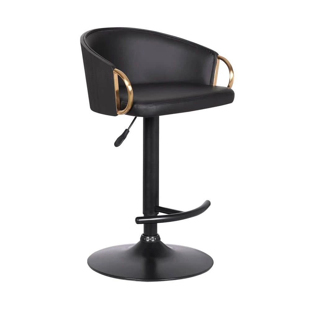 Solstice Adjustable Black Faux Leather Swivel Barrstool With Black Powder Coated Finish and Gold Accents by Armen Living 4 Solstice Adjustable Black Faux Leather Swivel Barrstool With Black Powder Coated Finish and Gold Accents by Armen Living - Image 2