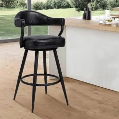 Justin 38 in. Vintage Black Metal Bar Stool with Faux Leather Seat by Armen Living -Armen Living Online Shop black powder coated finish armen living bar stools lcjtbablvb26 31 1000