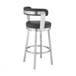 Kobe 26 in. Counter Height Low Back Swivel Bar Stool in Brushed Stainless Steel and Black Faux Leather by Armen Living -Armen Living Online Shop black stainless steel armen living bar stools 721535761784 1f 1000