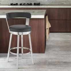 Kobe 26 in. Counter Height Low Back Swivel Bar Stool in Brushed Stainless Steel and Black Faux Leather by Armen Living -Armen Living Online Shop black stainless steel armen living bar stools 721535761784 31 1000