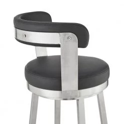 Kobe 26 in. Counter Height Low Back Swivel Bar Stool in Brushed Stainless Steel and Black Faux Leather by Armen Living -Armen Living Online Shop black stainless steel armen living bar stools 721535761784 76 1000