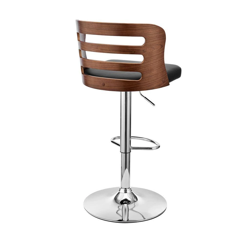 Khalia 44 in. Height Adjustable Swivel Black Faux Leather & Walnut Wood Frame Low Back Bar Stool with Chrome Base by Armen Living 6 Khalia 44 in. Height Adjustable Swivel Black Faux Leather & Walnut Wood Frame Low Back Bar Stool with Chrome Base by Armen Living - Image 4
