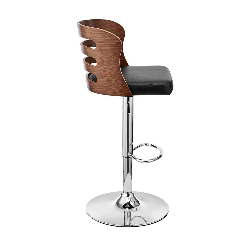 Khalia 44 in. Height Adjustable Swivel Black Faux Leather & Walnut Wood Frame Low Back Bar Stool with Chrome Base by Armen Living 4 Khalia 44 in. Height Adjustable Swivel Black Faux Leather & Walnut Wood Frame Low Back Bar Stool with Chrome Base by Armen Living - Image 2