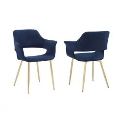 Gigi Blue Velvet Dining Room Arm Chair with Gold Metal Legs - Set of 2 by Armen Living