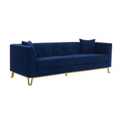 Everest 90" W Blue/Gold Fabric Upholstered 3 Seater Sofa by Armen Living