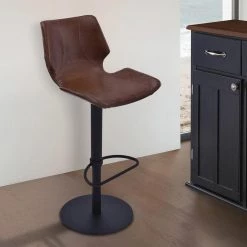 Zuma 21-31 in. Brown Faux Leather and Black Metal Finish Adjustable Swivel Bar Stool by Armen Living
