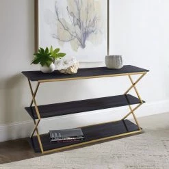 Westlake Dark Brown 3-Tier Console Table with Brushed Gold Legs by Armen Living -Armen Living Online Shop brown gold armen living console tables lcwlcnbrgld 31 1000