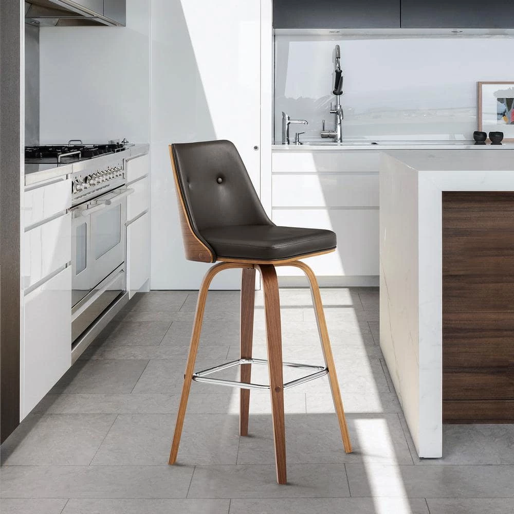 Nolte 26 in Counter Height Swivel Stool w/ High Back Brown Faux Leather and Walnut Wood Finish by Armen Living 11 Nolte 26 in Counter Height Swivel Stool w/ High Back Brown Faux Leather and Walnut Wood Finish by Armen Living - Image 9