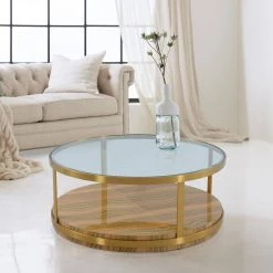 Hattie Glass Top Coffee Table with Brushed Gold Legs by Armen Living 15 Hattie Glass Top Coffee Table with Brushed Gold Legs by Armen Living -Armen Living Online Shop brushed gold yellow armen living coffee tables lcdxcoglgld 31 1000