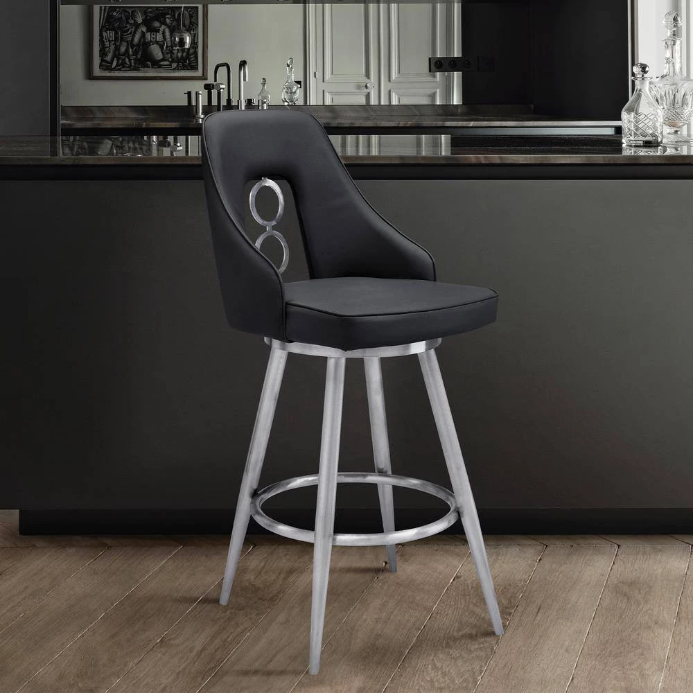 Perrin Contemporary 26 in. Counter Height in Brushed Stainless Steel Finish and Black Faux Leather Bar Stool by Armen Living 11 Perrin Contemporary 26 in. Counter Height in Brushed Stainless Steel Finish and Black Faux Leather Bar Stool by Armen Living - Image 9
