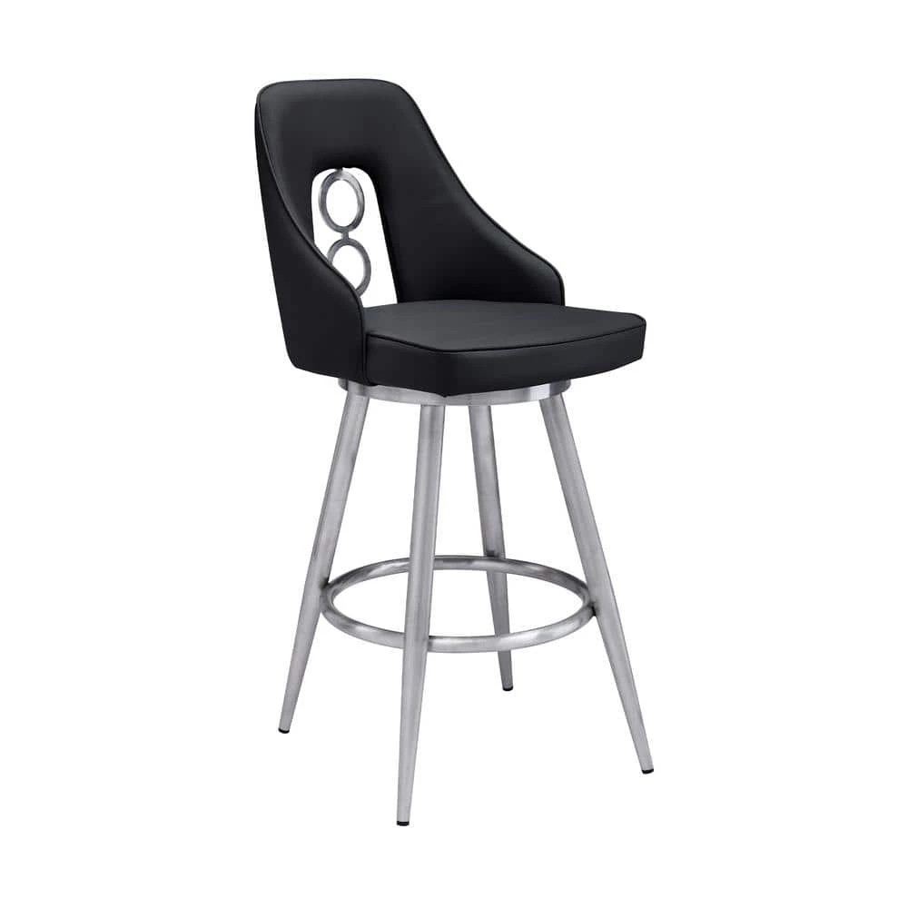 Perrin Contemporary 26 in. Counter Height in Brushed Stainless Steel Finish and Black Faux Leather Bar Stool by Armen Living 3 Perrin Contemporary 26 in. Counter Height in Brushed Stainless Steel Finish and Black Faux Leather Bar Stool by Armen Living