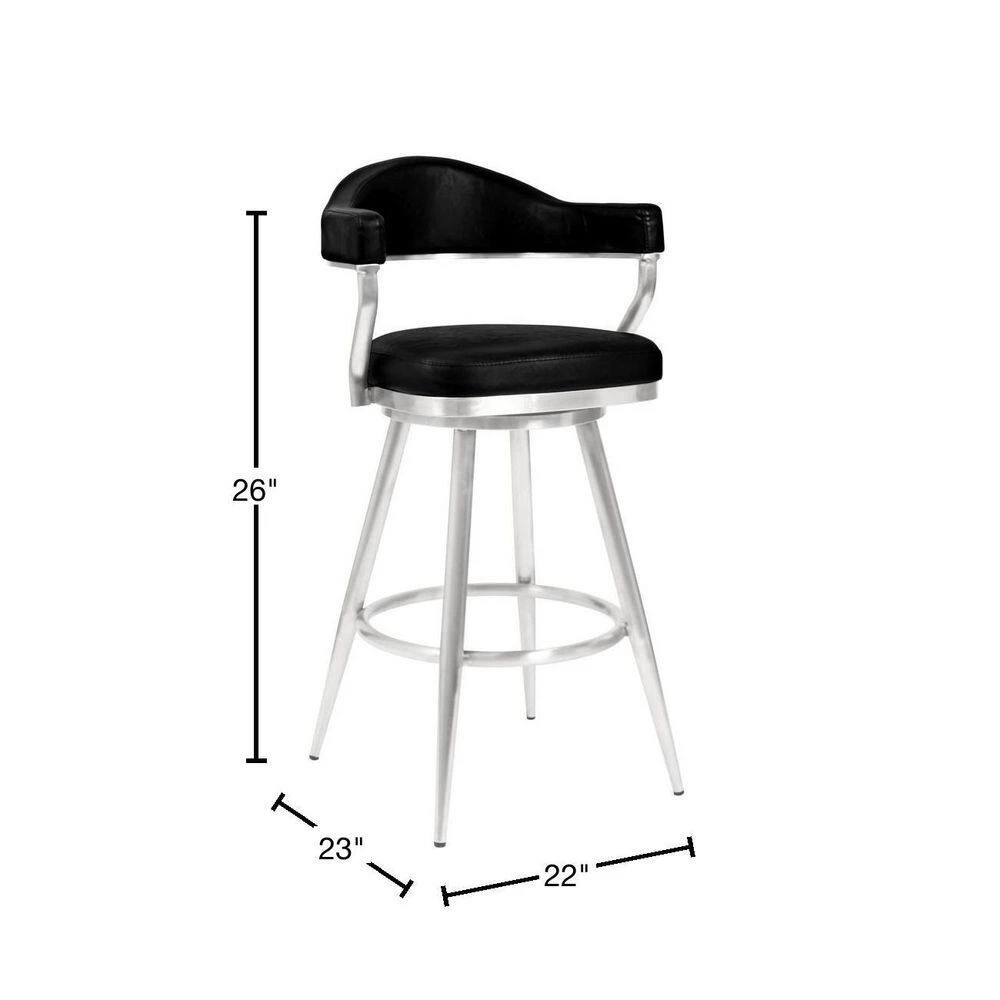 Amador 26 in. Counter Height Bar Stool in Brushed Stainless Steel and Vintage Black Faux Leather by Armen Living 4 Amador 26 in. Counter Height Bar Stool in Brushed Stainless Steel and Vintage Black Faux Leather by Armen Living - Image 2