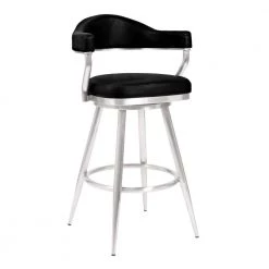 Amador 26 in. Counter Height Bar Stool in Brushed Stainless Steel and Vintage Black Faux Leather by Armen Living