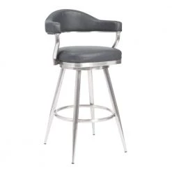 Amador 30 in. Brushed Stainless Steel and Vintage Grey Faux Leather Bar Height Bar Stool by Armen Living