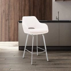 Aura 26 in. Counter Swivel Stool w/ High Back White Faux Leather and Brushed Stainless Steel Finish by Armen Living -Armen Living Online Shop brushed stainless steel armen living bar stools lcaubabswh26 31 1000