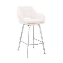 Aura 26 in. Counter Swivel Stool w/ High Back White Faux Leather and Brushed Stainless Steel Finish by Armen Living