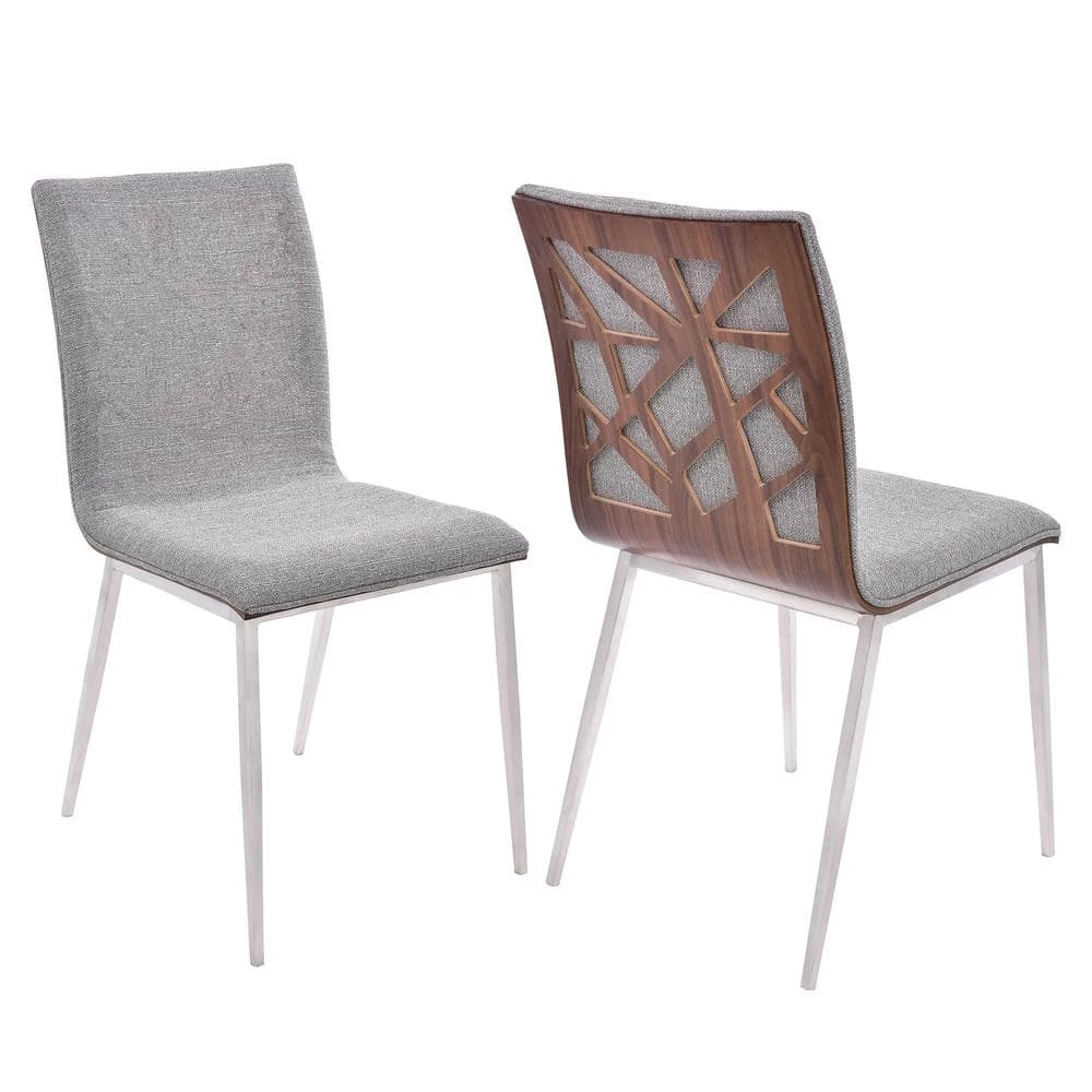 Pharrel Dining Chair in Brushed Stainless Steel with Grey Fabric and Walnut Back (Set of 2) by Armen Living 3 Pharrel Dining Chair in Brushed Stainless Steel with Grey Fabric and Walnut Back (Set of 2) by Armen Living