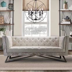 Regis 88 in. Cream Fabric 3-Seater Chesterfield Sofa with Pine Frame by Armen Living -Armen Living Online Shop cream armen living sofas couches lcre3cr 31 1000