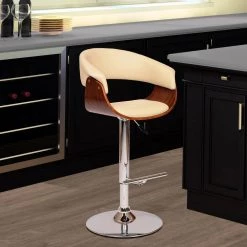 Sawyer Swivel Bar Stool in Cream PU/ Walnut Veneer and Chrome Base by Armen Living -Armen Living Online Shop cream chrome armen living bar stools 721535687152 31 1000