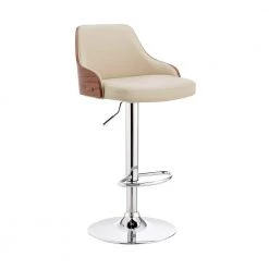Asher 24-33 in. Adjustable Height High Back Beige Cream Faux Leather and Chrome Finish Bar Stool by Armen Living