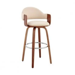 Daxton 30 in. Bar Height Stool w/ High Back Cream Faux Leather and Walnut Wood by Armen Living