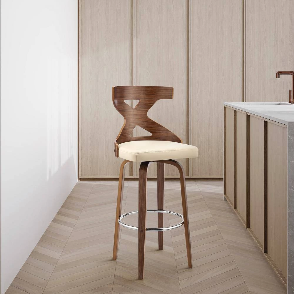 Gayle 44 in. Product Height Swivel Low Back Cream Faux Leather and Walnut Wood Bar Stool by Armen Living 12 Gayle 44 in. Product Height Swivel Low Back Cream Faux Leather and Walnut Wood Bar Stool by Armen Living - Image 10