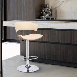 Karine 43 in. Adjustable Low Back Swivel Cream Faux Leather and Walnut Wood Frame Low Back Bar Stool with Black Base by Armen Living -Armen Living Online Shop cream walnut armen living bar stools lckabawacr 31 1000