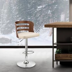 Khalia 44 in. Low Back Adjustable Swivel Cream Faux Leather & Walnut Wood Frame Low Back Bar Stool, Chrome Base by Armen Living -Armen Living Online Shop cream walnut armen living bar stools lckhbawacr 31 1000