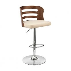 Khalia 44 in. Low Back Adjustable Swivel Cream Faux Leather & Walnut Wood Frame Low Back Bar Stool, Chrome Base by Armen Living