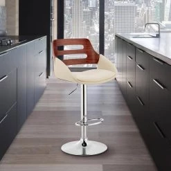 Karter 25-33 in. Adjustable Height High Back Cream Faux Leather and Walnut Wood Bar Stool with Chrome Base by Armen Living -Armen Living Online Shop cream walnut armen living bar stools lcktbawacr 31 1000