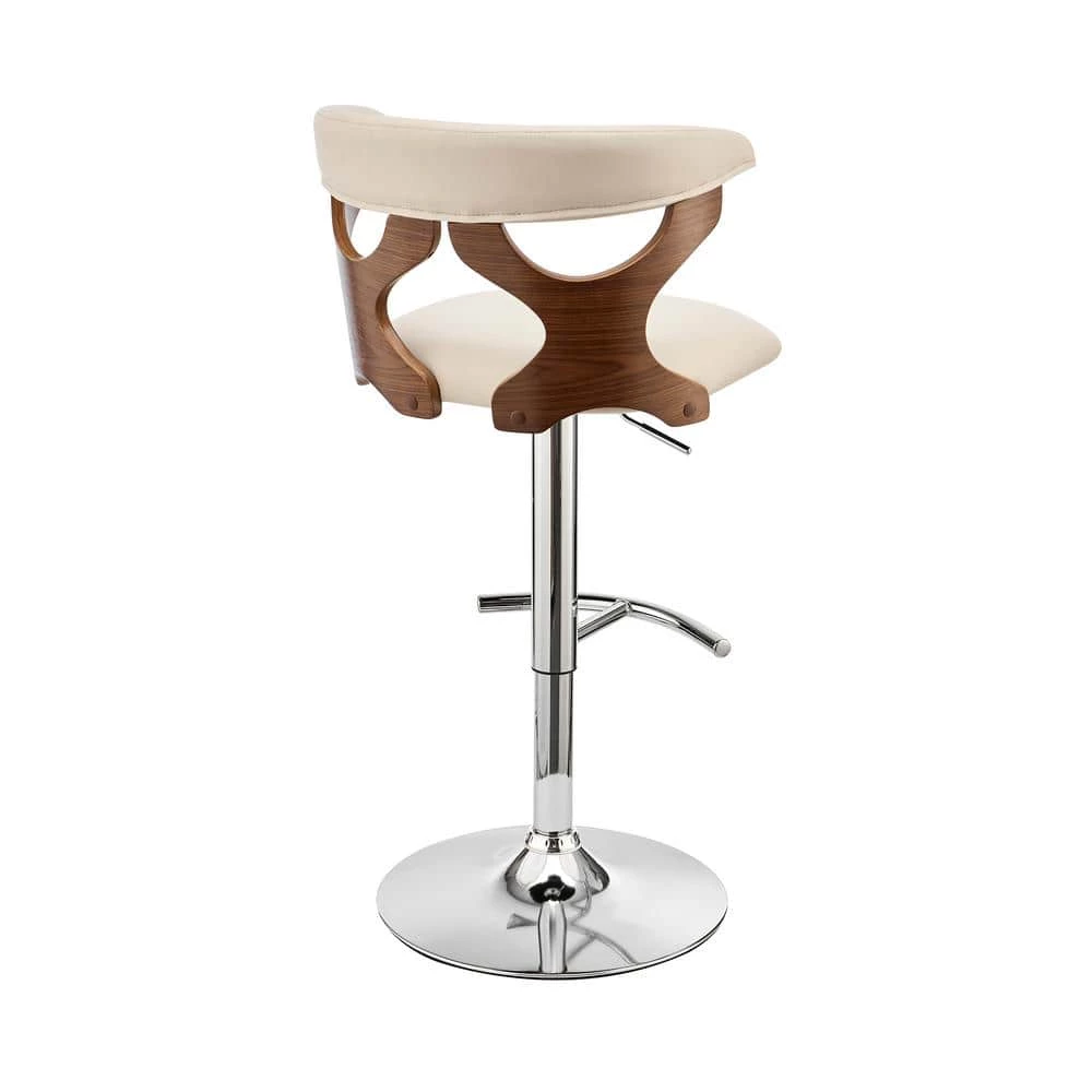 Ruth 43 in. Product Height Low Back Adjustable Swivel Cream Faux Leather & Walnut Wood Frame Bar Stool with Chrome Base by Armen Living 6 Ruth 43 in. Product Height Low Back Adjustable Swivel Cream Faux Leather & Walnut Wood Frame Bar Stool with Chrome Base by Armen Living - Image 4