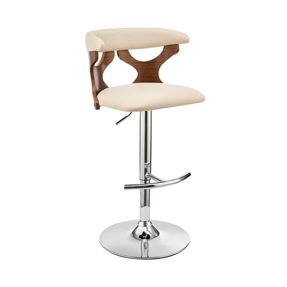 Ruth 43 in. Product Height Low Back Adjustable Swivel Cream Faux Leather & Walnut Wood Frame Bar Stool with Chrome Base by Armen Living 3 Ruth 43 in. Product Height Low Back Adjustable Swivel Cream Faux Leather & Walnut Wood Frame Bar Stool with Chrome Base by Armen Living