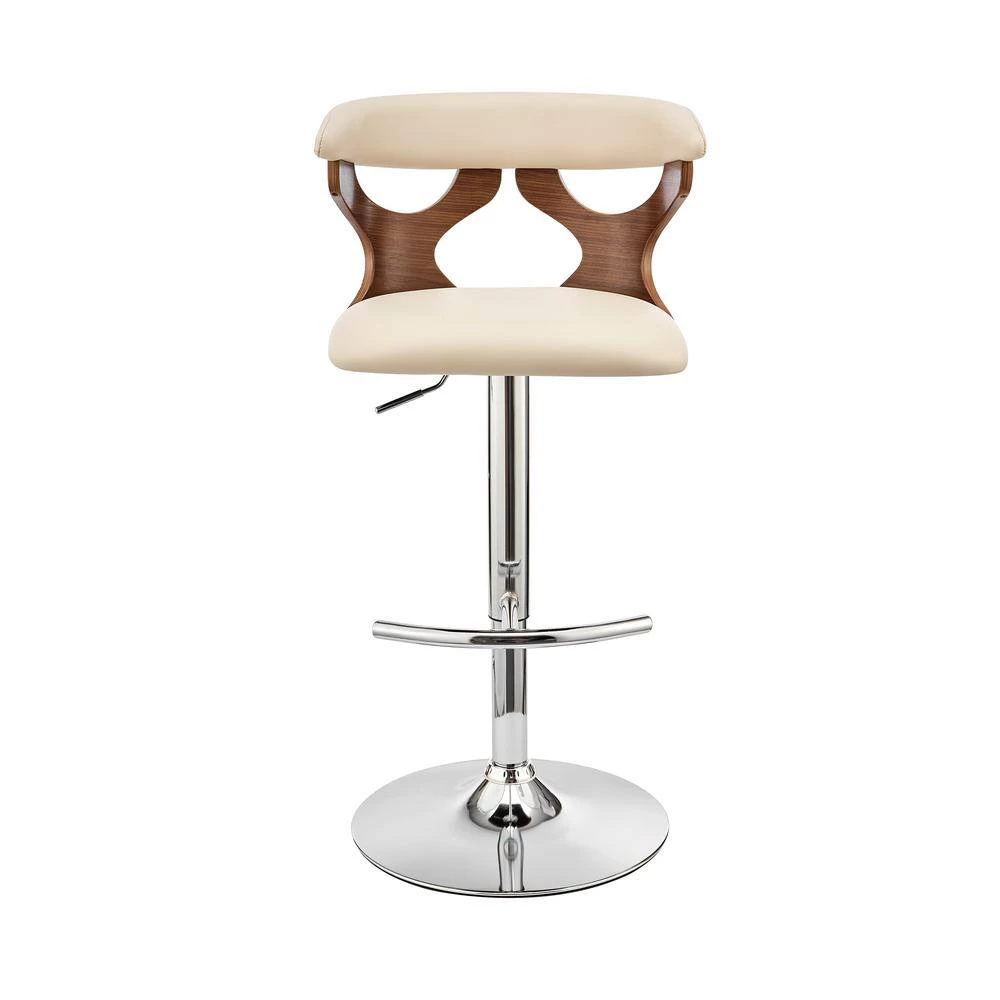 Ruth 43 in. Product Height Low Back Adjustable Swivel Cream Faux Leather & Walnut Wood Frame Bar Stool with Chrome Base by Armen Living 5 Ruth 43 in. Product Height Low Back Adjustable Swivel Cream Faux Leather & Walnut Wood Frame Bar Stool with Chrome Base by Armen Living - Image 3