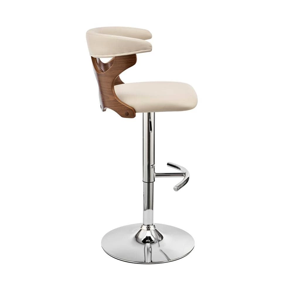 Ruth 43 in. Product Height Low Back Adjustable Swivel Cream Faux Leather & Walnut Wood Frame Bar Stool with Chrome Base by Armen Living 4 Ruth 43 in. Product Height Low Back Adjustable Swivel Cream Faux Leather & Walnut Wood Frame Bar Stool with Chrome Base by Armen Living - Image 2