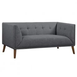 Hudson 62 in. Dark Gray Button Tufted Linen 2-Seater Loveseat with Walnut Legs by Armen Living