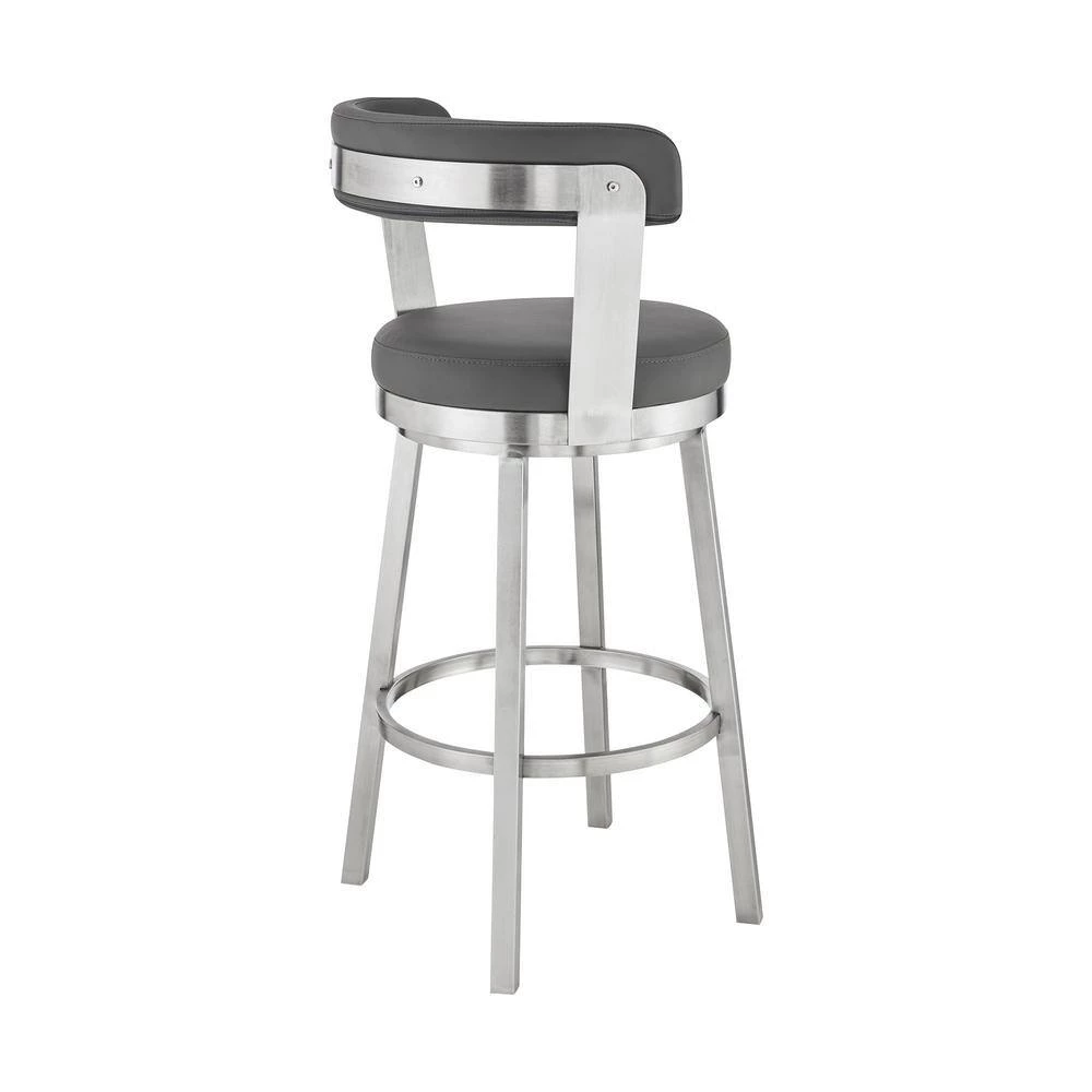 Kobe 30 in. Bar Height Low Back Swivel Bar Stool in Brushed Stainless Steel and Grey Faux Leather by Armen Living 7 Kobe 30 in. Bar Height Low Back Swivel Bar Stool in Brushed Stainless Steel and Grey Faux Leather by Armen Living - Image 5